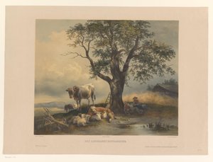 A tájban pihenő szarvasmarhákkal figurák Des Landmann Mittagsruhe (cím a tárgyon) alkotó: Eduard Weixlgärtner