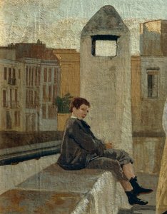 A terasz, Edoardo Dalbono (1841-1915), olaj, panel, 45x30 cm. Részlet.