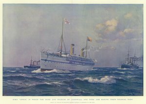 A HMS Ophir, amelyen Cornwall és York hercege és hercegnője gyarmati körútját teszi meg.