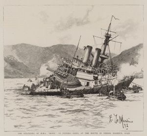 A HMS Howe partraszállása a Pereiro-zátonyokon, Ferrol kikötő torkolatánál, Spanyolország alkotó: Eduardo de Martino