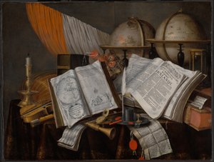 Vanitas csendélet zászlóval, gyertyatartóval, hangszerekkel, könyvekkel, írószerekkel, földgömbbel és homokórával alkotó: Edwaert Collier