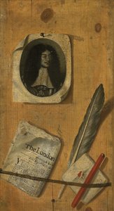 Trompe-l"oeil levéltartó, II. Károly király metszetével, újsággal, tolltollal, tollal és tollkéssel alkotó: Edwaert Colyer or Collier