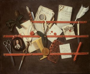Trompe loeil levéltartó egy páncélos fiatalember miniatűr portréjával, 1697 (panel) alkotó: Edwaert Colyer or Collier