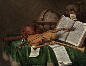 Vanitas csendélet asztrológiai földgömbbel, hegedűvel, koponyával, homokórával, nyitott könyvvel, kottával, órával, lanttal és más hangszerekkel terített asztalon, 1680-as évek