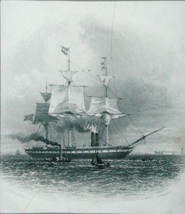 Liverpool – „A Nagy-Britannia” elhagyja a kikötőt 1853-ban, a „Cyclopaedia of Useful Arts & Manufactures”-ból, szerkesztette Charles Tomlinson, metszett J. Bradshaw, 1880-as évek körül (metszet)