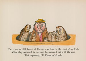 Volt egy Crowle-i öregember, aki egy bagolyfészekben lakott (színes metszet). alkotó: Edward (after) Lear