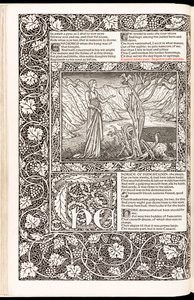 Geoffrey Chaucer „Geoffrey Chaucer munkái most új impresszummal”, a Kelmscott Press kiadó 1896-ban (fametszet) alkotó: Edward Burne Jones