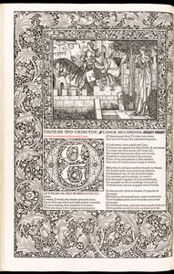 Geoffrey Chaucer „Geoffrey Chaucer munkái most új impresszummal”, a Kelmscott Press kiadó 1896-ban (fametszet) alkotó: Edward Burne Jones