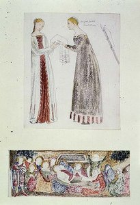No.1084-f.10 (TtoB) Két szobalány, Giovanni da Milano Mária születése című művének másolata a firenzei Rinuccini-kápolnából; Siralom (akvarell, ceruza) alkotó: Edward Coley Burne Jones