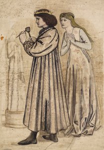 Scene of King Rene sculpting a figure while being watched by his new bride (pen & india ink with wash and pencil on paper) alkotó: Edward Coley Burne Jones