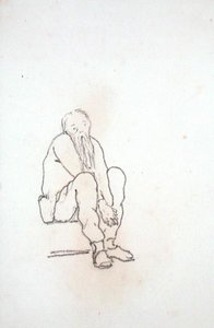 A művész önarcképe, ülve, kezével a térde között, egy rajzalbumból (ceruza papíron) alkotó: Edward Coley Burne Jones