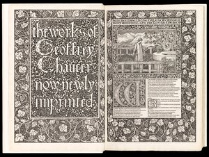 Geoffrey Chaucer „Geoffrey Chaucer munkái most új impresszumokkal”, a Kelmscott Press kiadó 1896-ban (fametszet) alkotó: Edward Burne Jones