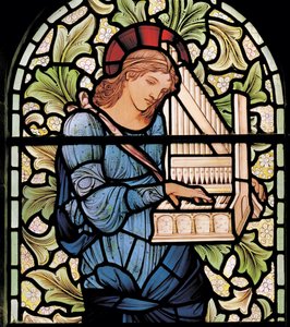Wilden, All Saints, Morris & Co., Edward Burne-Jones, John Henry Dearle (1859-1932), St Cecilia, részlet, 1902, Louisa, Alfred, The Baldwins, miniszterelnök, metodista, Worcestershire, Arts & Crafts, R