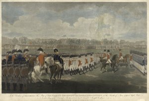 A király 1799. június 4-én a Hyde Parkban felülvizsgálja a fegyveres egyesületet, J. Collyer metszete, 1801 (színes stiffle-metszet)