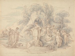 Telemachus és Mentor partraszállás Calypso szigetén alkotó: Edward Francis Burney