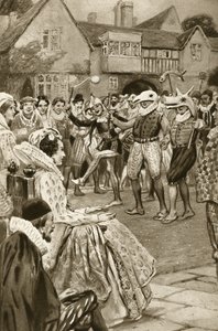 I. Ellizabeth királynő, akit tréfamesterek szórakoztatnak (litográfia)