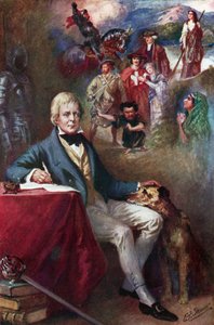 Sir Walter Scott és néhány leghíresebb alkotása (színes litográfia)