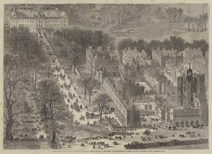 A Buckingham és a Szent Jamess palota madártávlati képe, amint a menet végigvonul ? alkotó: Edward Hull