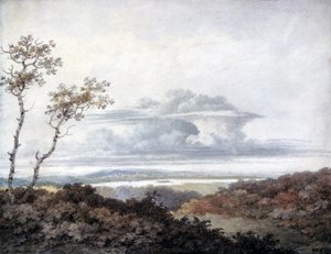 Vidéki táj Luke Howard (1772-1864) későbbi felhőtanulmányaival, 1808-1111 körül (wc papíron)