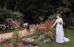 Az érkezés 1878. Egy elegáns, fehér ruhás nő virágot (rózsát) szed egy kertben. Mellette jönnek (arrivee) a kutyák, akik egy személy érkezését jelzik. Edward Killingworth Johnson (1825-1896 brit) festménye. Preraffaelizmus