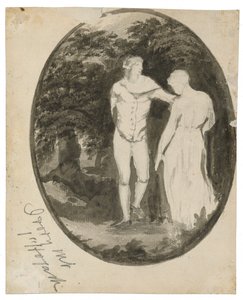 Egy pár erdős tájban ovális díszletben (verso), c. 1838-1848 (tinta és mosás fektetett papíron) alkotó: Edward Lear