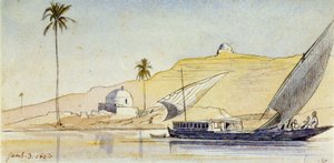 Egy nagy egyiptomi falu a Níluson (Egyiptom), a meredek partok előtt, egy pálmafával és két fehér marabuccsal, amelyek kiemelik a táj sivatagi jellegét. alkotó: Edward Lear