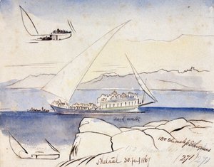 Egyiptomi dhow a Níluson, Shetaal közelében (Egyiptom). Színes akvarell rajz alkotó: Edward Lear