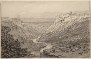 Egy folyó szurdoka felett pihenő kecskék (Narni, Olaszország) alkotó: Edward Lear