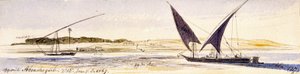 A Nílus és partjainak kiterjedése, két hagyományos egyiptomi hajóval, köztük egy Dahabeeya-val. Színes akvarellrajz alkotó: Edward Lear