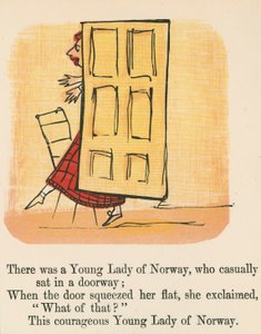 Volt egy norvég fiatal hölgy, aki lazán ült az ajtóban, a Frederick Warne and Co. kiadásában, 1875 körül Londonban megjelent „A könyv a nonsense”-ből. alkotó: Edward Lear