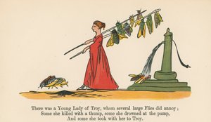 Volt egy trójai ifjú hölgy, akit több nagy légy is bosszantott, az „A Book of Nonsense”-ből, amelyet Frederick Warne and Co. adott ki, London, 1875 körül.