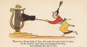 Volt egy ifjú Tyre hölgy, aki egy líra hangos akkordjait söpörte az „A Book of Nonsense”-ből, amelyet Frederick Warne and Co. adott ki, London, 1875 körül.