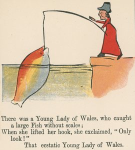 Volt egy walesi ifjú hölgy, aki egy nagy, pikkely nélküli halat fogott az „A Book of Nonsense”-ből, amelyet Frederick Warne and Co. adott ki, London, 1875 körül.