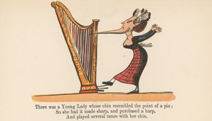 Volt egy fiatal hölgy, akinek az álla egy tű hegyére hasonlított, a Frederick Warne and Co. által kiadott "A Book of Nonsense" című könyvből, London, 1875 körül. alkotó: Edward Lear