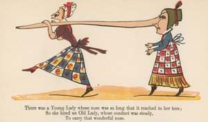 Volt egy fiatal hölgy, akinek az orra olyan hosszú volt, hogy a lábujjáig ért, a Frederick Warne and Co. által kiadott "A Book of Nonsense"-ből, London, 1875 körül.