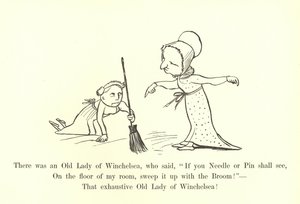 Volt egy Winchelsea-i Öreg Hölgy, aki azt mondta: Ha tű vagy tű meglátja, a szobám padlóján söpörje fel a seprűvel! alkotó: Edward Lear