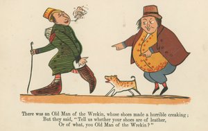 Volt egy vén vándor, akinek a cipője szörnyen nyikorgott, a Frederick Warne and Co. által kiadott "A Book of Nonsense"-ből, London, 1875 körül. alkotó: Edward Lear