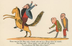 Volt egy szakállas öregember, aki egy lovon ült, amikor felnevelt, a Frederick Warne and Co. által kiadott "A Book of Nonsense"-ből, London, 1875 körül. alkotó: Edward Lear