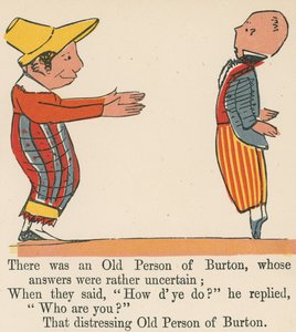 Volt egy burton-i öregember, akinek a válaszai meglehetősen bizonytalanok voltak, a Frederick Warne and Co. által kiadott "A Book of Nonsense"-ből, London, 1875 körül. alkotó: Edward Lear