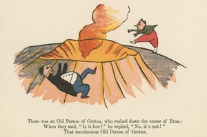 Volt egy gretnai öreg ember, aki lerohant az Etna kráterén, az „A Book of Nonsense”-ből, amelyet Frederick Warne and Co. adott ki, London, 1875 körül. alkotó: Edward Lear