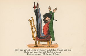 Volt egy spanyol öreg ember, aki utált minden bajt és fájdalmat, az „A Book of Nonsense”-ből, amelyet Frederick Warne and Co. adott ki, London, 1875 körül. alkotó: Edward Lear