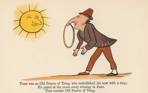 Tringnek volt egy öreg személye, aki gyűrűvel díszítette az orrát az „A Book of Nonsense”-ből, amelyet Frederick Warne and Co. adott ki, London, 1875 körül.