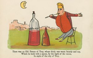 Volt egy trójai öregember, akinek az itala meleg pálinka és szója volt, a Frederick Warne and Co. által kiadott "A Book of Nonsense"-ből, London, 1875 körül.