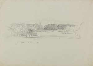 Kilátás a réten át egy templomra alkotó: Edward Lear
