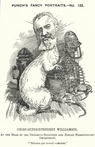 Punch rajzfilm: Adolphus Williamson brit rendőrtiszt és a Fővárosi Rendőrség nyomozói részlegének első vezetője (metszet) alkotó: Edward Linley (after) Sambourne