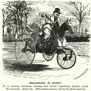 Punch rajzfilm: Mechanika a sportban. 3. sz. – Továbbfejlesztett Clockwork Hunters, szabadalmaztatott bütyök-nyereg ütközési akcióval (metszet) alkotó: Edward Linley (after) Sambourne