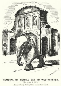 Punch rajzfilm: Temple Bar eltávolítása Westminsterbe (metszet) alkotó: Edward Linley (after) Sambourne