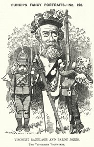 Punch rajzfilm: Thomas Heron Jones, Ranelagh 7. vikomt és Baron Jones of Navan, a brit hadsereg önkéntes mozgalmának támogatója (metszet) alkotó: Edward Linley (after) Sambourne