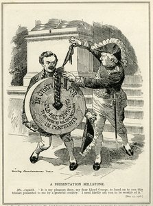 „Egy bemutató malomkő”, Asquith miniszterelnök bemutatja Lloyd George pénzügyminiszternek az 1908-as öregségi nyugdíjrendszert. alkotó: Edward Linley Sambourne