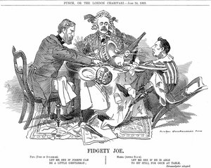 Koalíciós kormány. Devonshire hercege és Arthur Balfour (középen) megpróbálják irányítani Joseph Chamberlaint, a koalícióban lévő ifjabb párt vezetőjét. 1903 szeptemberében lemondott, hogy szabadon támogassa vámreformjait. Edward Linley Sambourne rajzfilmj